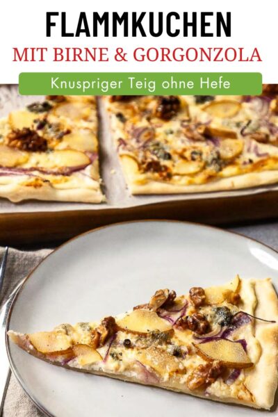Vegetarischer Flammkuchen mit Birne, Käse und Walnüssen