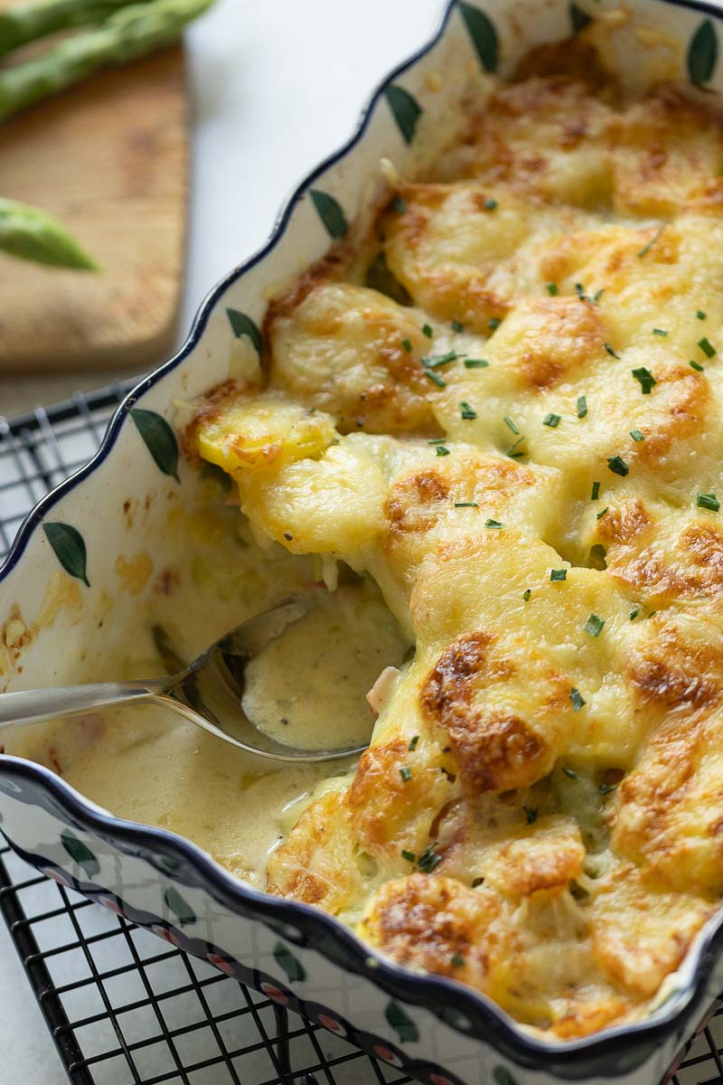 spargelauflauf mit kartoffeln und schinken
