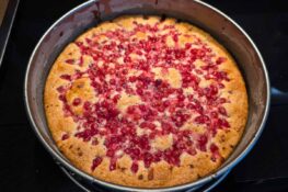 Vorgebackener Johannisbeerkuchen aus Rührteig in der Springform
